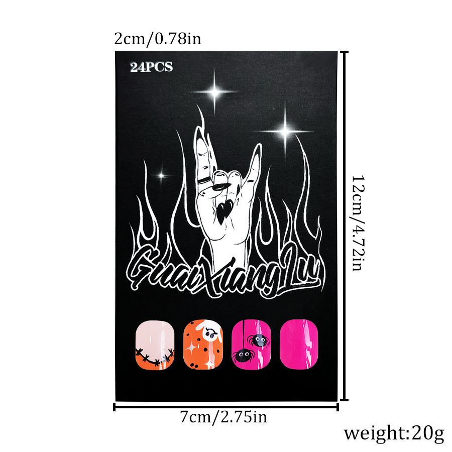 False Nails Oval Spider Web Pumpkin Orange Ghost 24 Pack_voghion.com