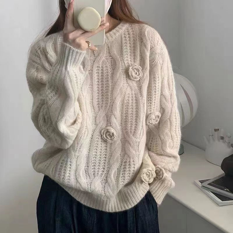 Suéter de punto estilo coreano con cuello redondo y diseño de rosa tridimensional, moda otoño 2024