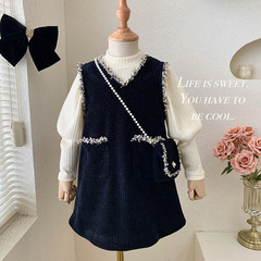 女童套裝加絨加厚2023新款韓版女寶寶泡泡袖小香風公主裙兩件套