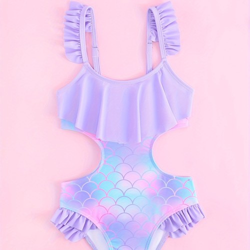 New Women's Children's Swimwear with Lotus Edge Fish Scale Pattern, Cute Little Princess Style, Children's Swimwear with Sun Protection and Bow Ties