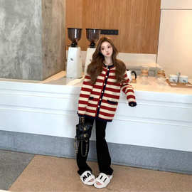 韩国东大门星期五见面 条纹节日感毛衣开衫北极绒加厚