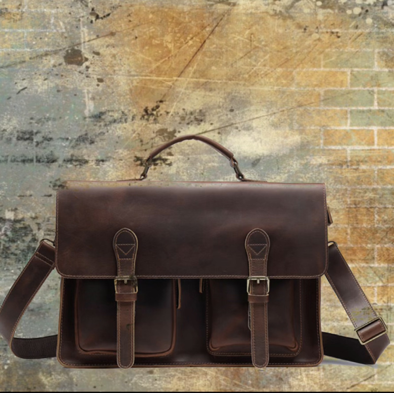 Retro Genuine Leather Men's Handbag for Work, Business Notebook Briefcase, Men's Shoulder Crossbody Bag, Cowhide Cross-Border