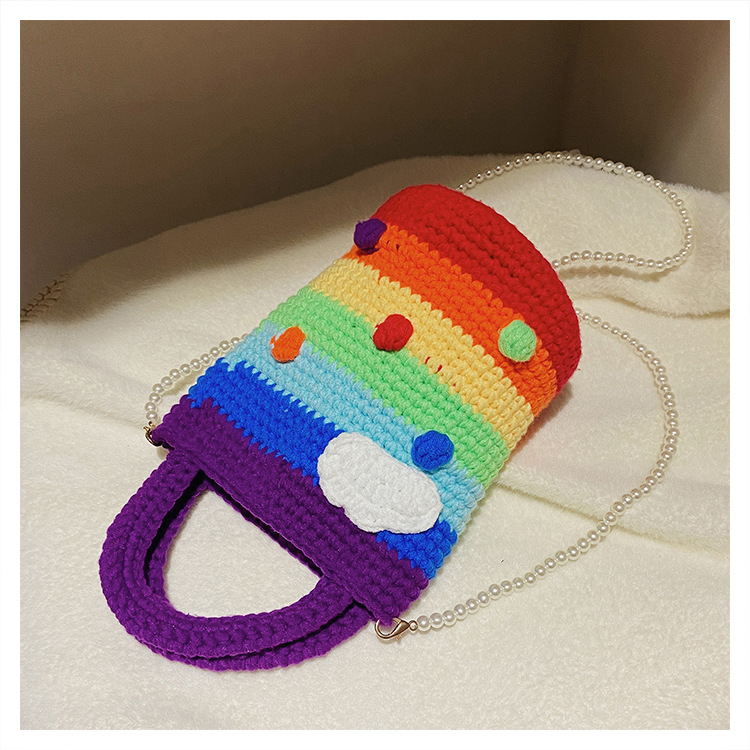Women's Medium Plush Rainbow Stripe Cute Beading Weave Bucket Open Crossbody Bag display picture 28