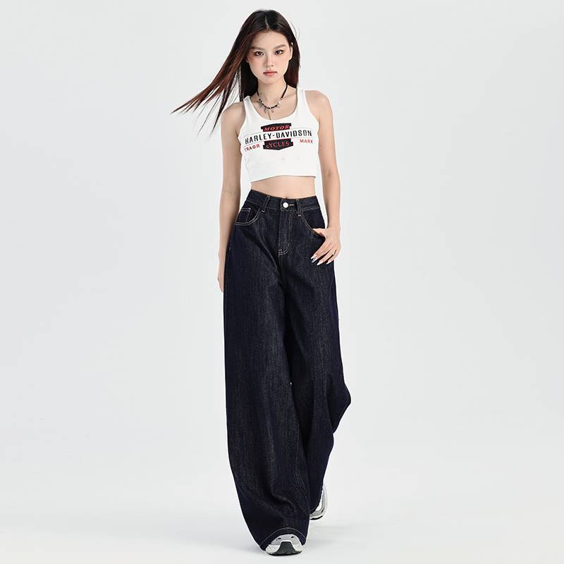 In-stock wholesale dark blue American-style loose wide-leg jeans for women, autumn season, with a drapey, relaxed, casual, floor-length straight cut In-stock wholesale dark blue American-style loose wide-leg jeans for women, autumn season, with a drapey, relaxed, casual, floor-length straight cut
