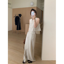 gao货！韩国东大门小香风毛边背心上衣 双口袋阔腿裤套装两件套夏