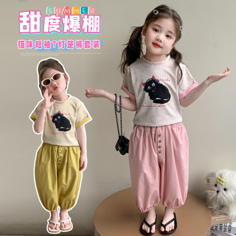 女の子韓国風半袖スーツ 2025 夏の新スタイル子供の漫画 Tシャツ女の子インターネット有名人ブルマ 2 点セット|undefined