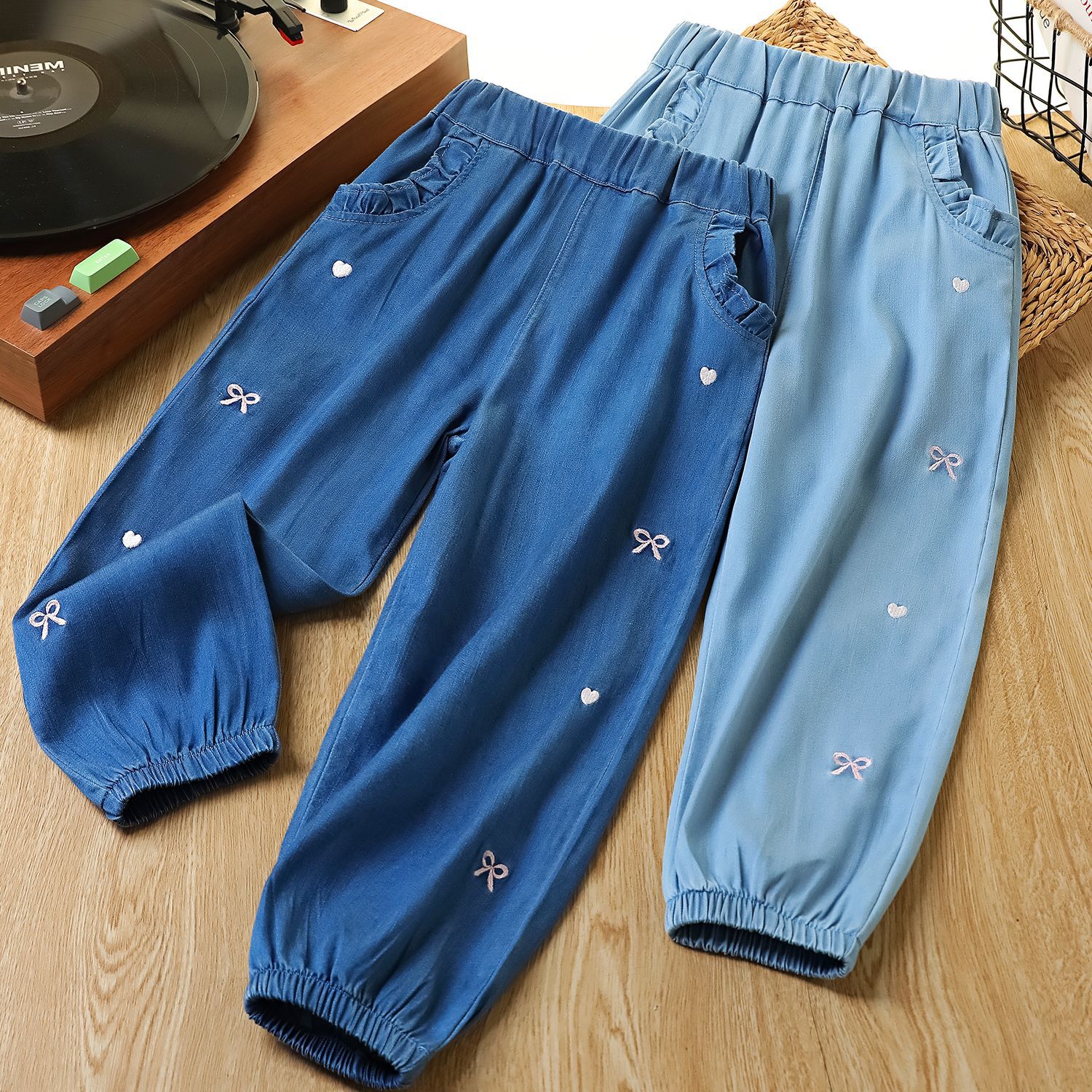 Export and Domestic Sales Spring, Summer, Autumn Silk Denim Ruffle Pocket Cute Mosquito-Proof Pants New Style for Older Children