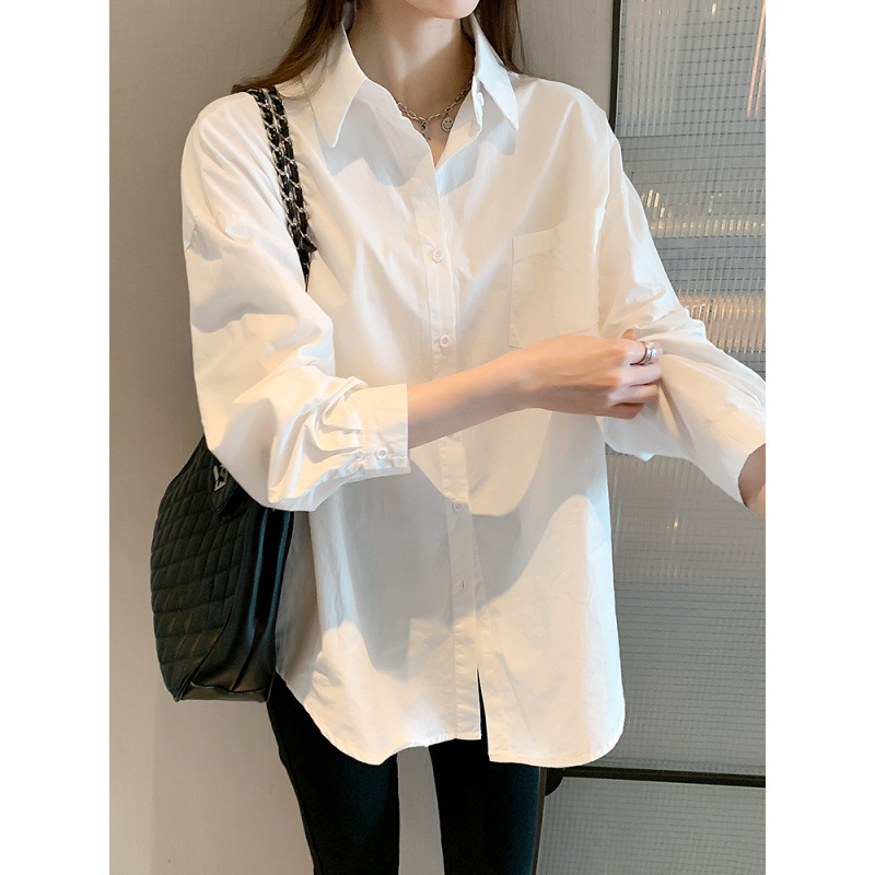Cross-border foreign trade women's spring and autumn long-sleeve mid-length solid color shirt, unique design niche top, elegant and trendy top