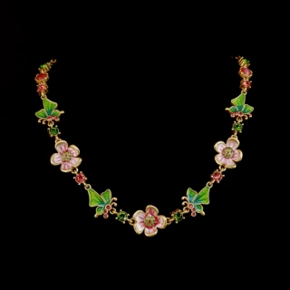 中古风vintage锁骨链彩锆流沙珐琅绿色蝴蝶粉色梅花项链女式项饰