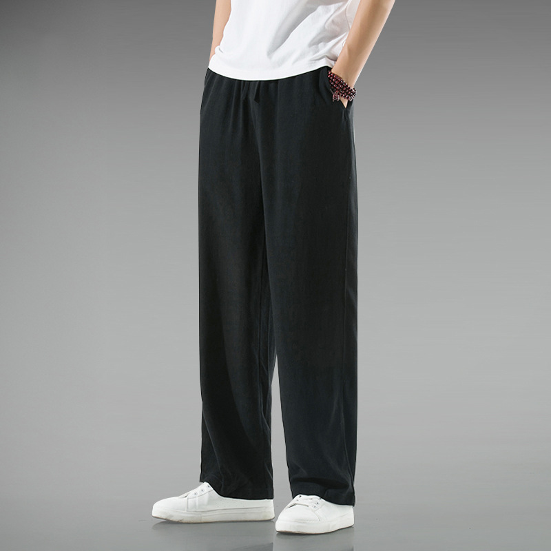 Pantalones de hombre de lino ligero y transpirable de estilo chino, pantalones de pierna recta sueltos de lino de verano, pantalones casuales de algodón y lino, pantalones anchos