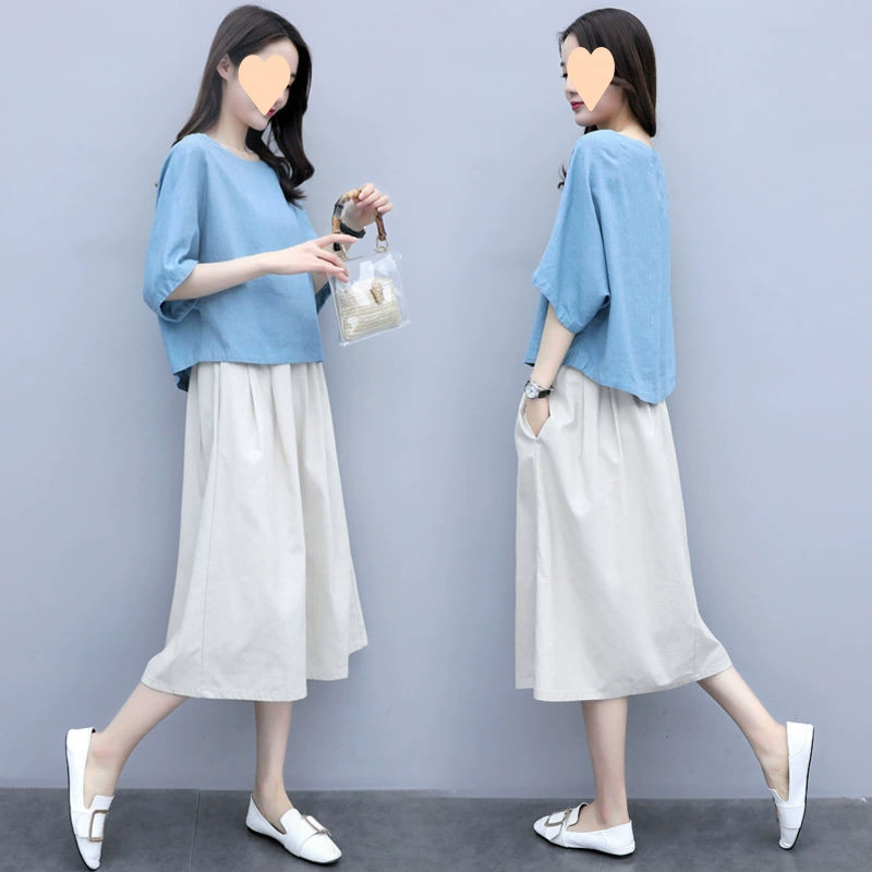 Платье из хлопка и льна женский 2025 новый летний минус модный корейский набор из двух частей средней и длинной льняной юбки