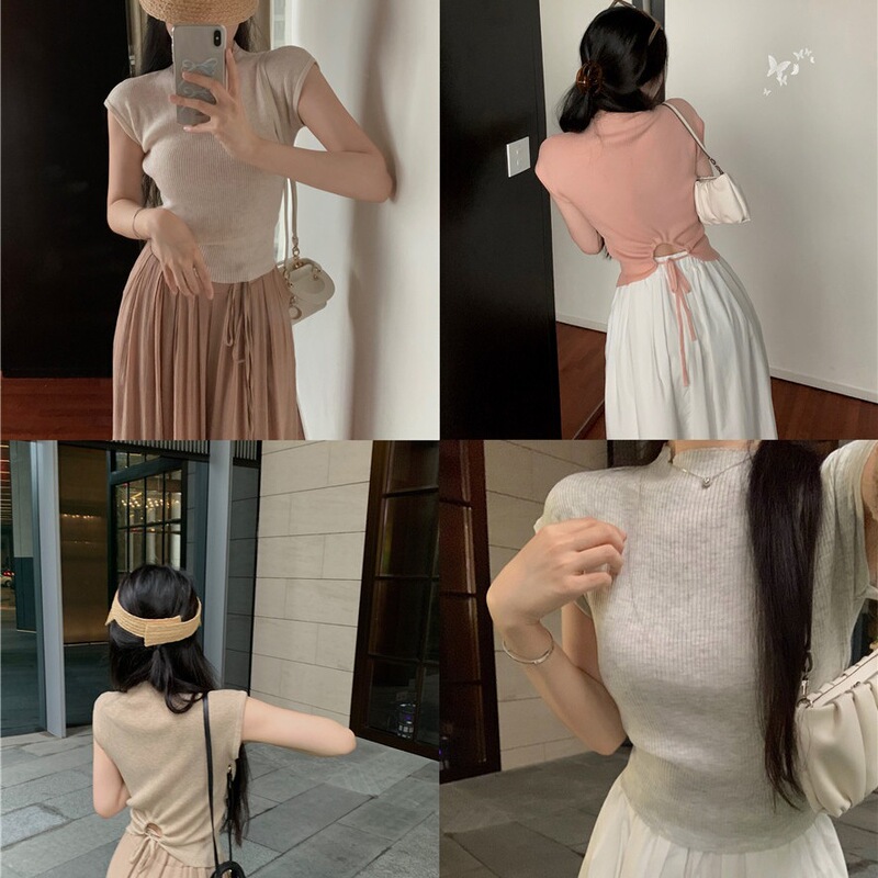 Strappy Short-Sleeved Knitted Sweater for Women, New Summer Style Sexy Hollow-Out Half-High Collar Short Top Strappy Short-Sleeved Knitted Sweater for Women, New Summer Style Sexy Hollow-Out Half-High Collar Short Top