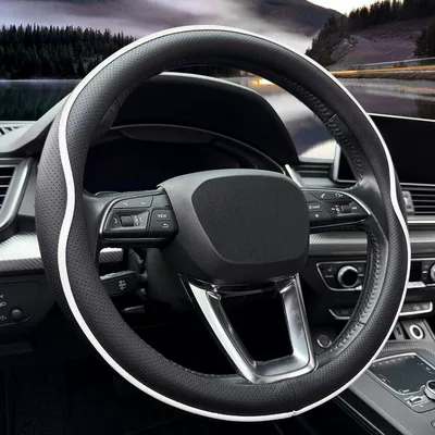Steering Wheel Cover, High-End Leather, Steering wheel cover - black-and-white-38cm