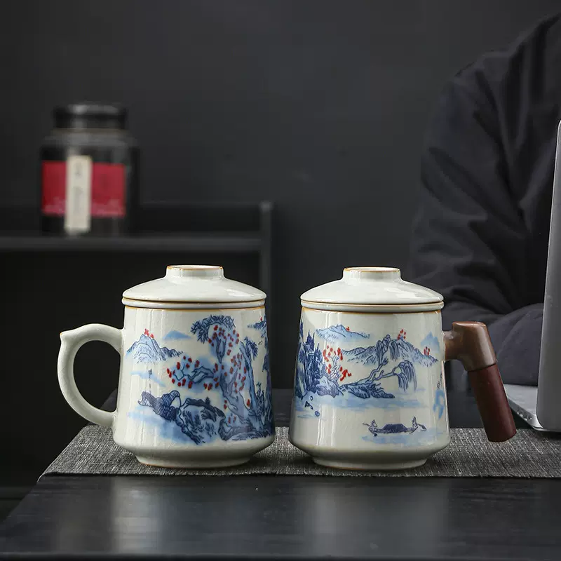 送礼汝窑陶瓷马克杯茶水分离泡茶杯大容量过滤水杯办公室个人礼品