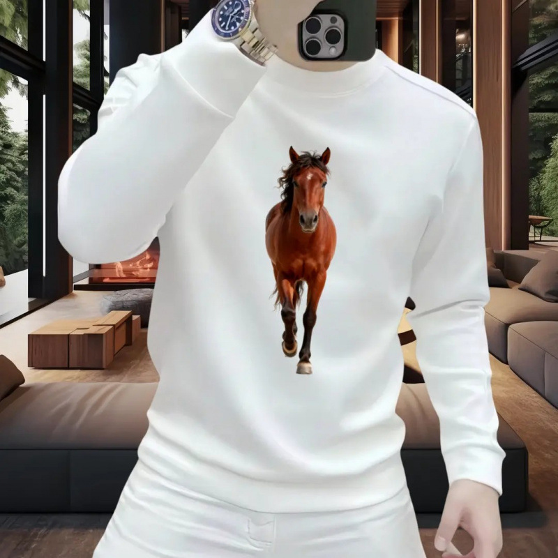 [Source Factory] Sweat Stallion | New Men's Round Neck Velvet Sweatshirt, Autumn and Winter Trendyy Casual and Versatile