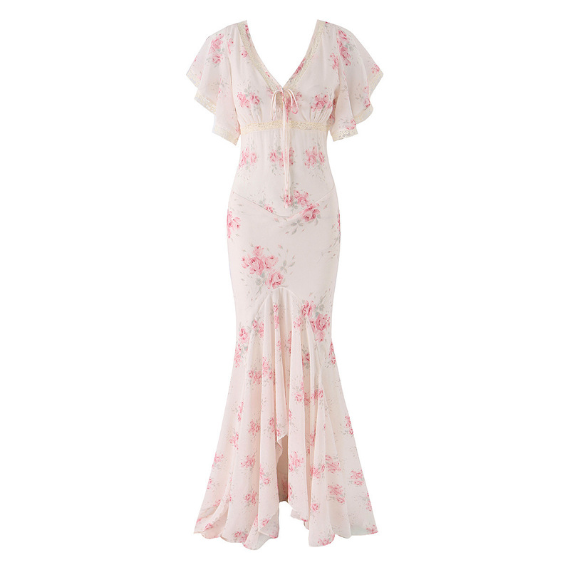 Pb&Za Women's Clothing 2026 Summer New Style Pastoral Style Rose Flower Slim Fit Elegant Extra-Long Fishtail Dress Pb&Za Women's Clothing 2026 Summer New Style Pastoral Style Rose Flower Slim Fit Elegant Extra-Long Fishtail Dress