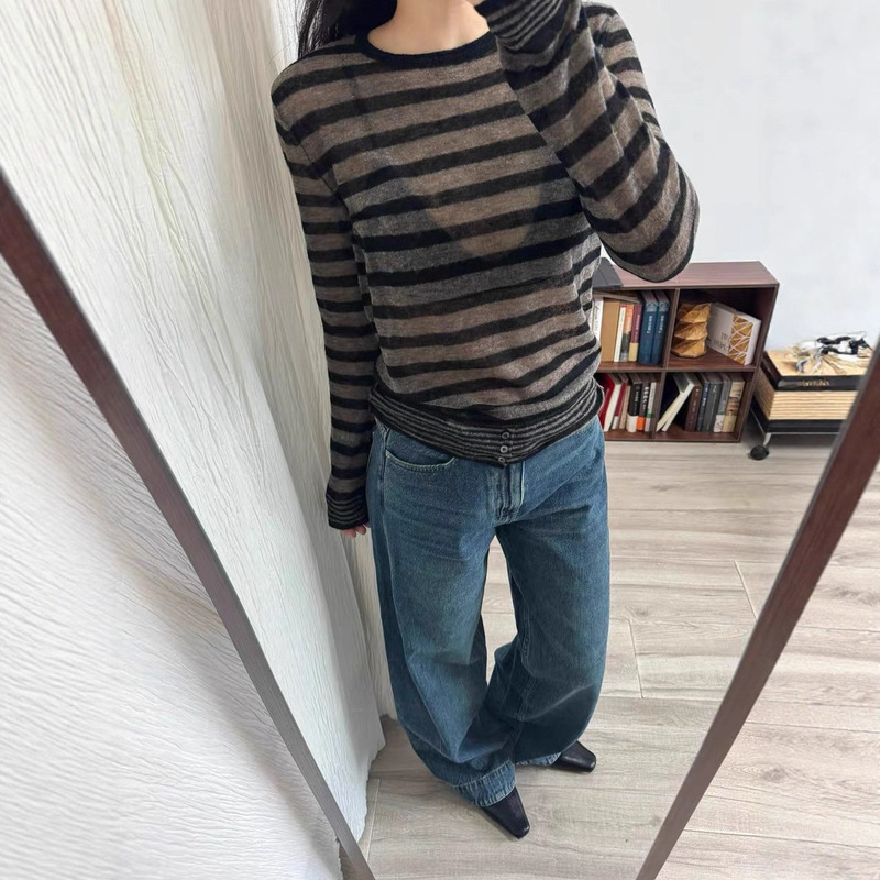 New Misty Micro See-Through Lazy Style Stripesd Alpaca Wool Hem Fake Placket Thin Warm Wool Sweater 5122