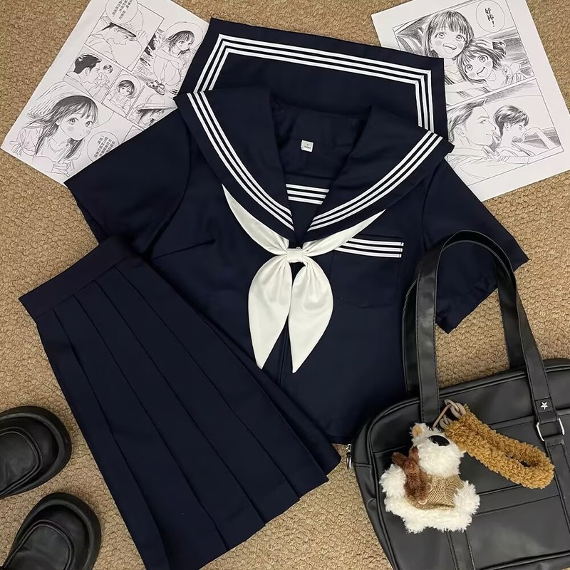 Jk制服ベースモデル改良白三本セーラー服合集長袖海軍襟学院風日系スーツ|undefined