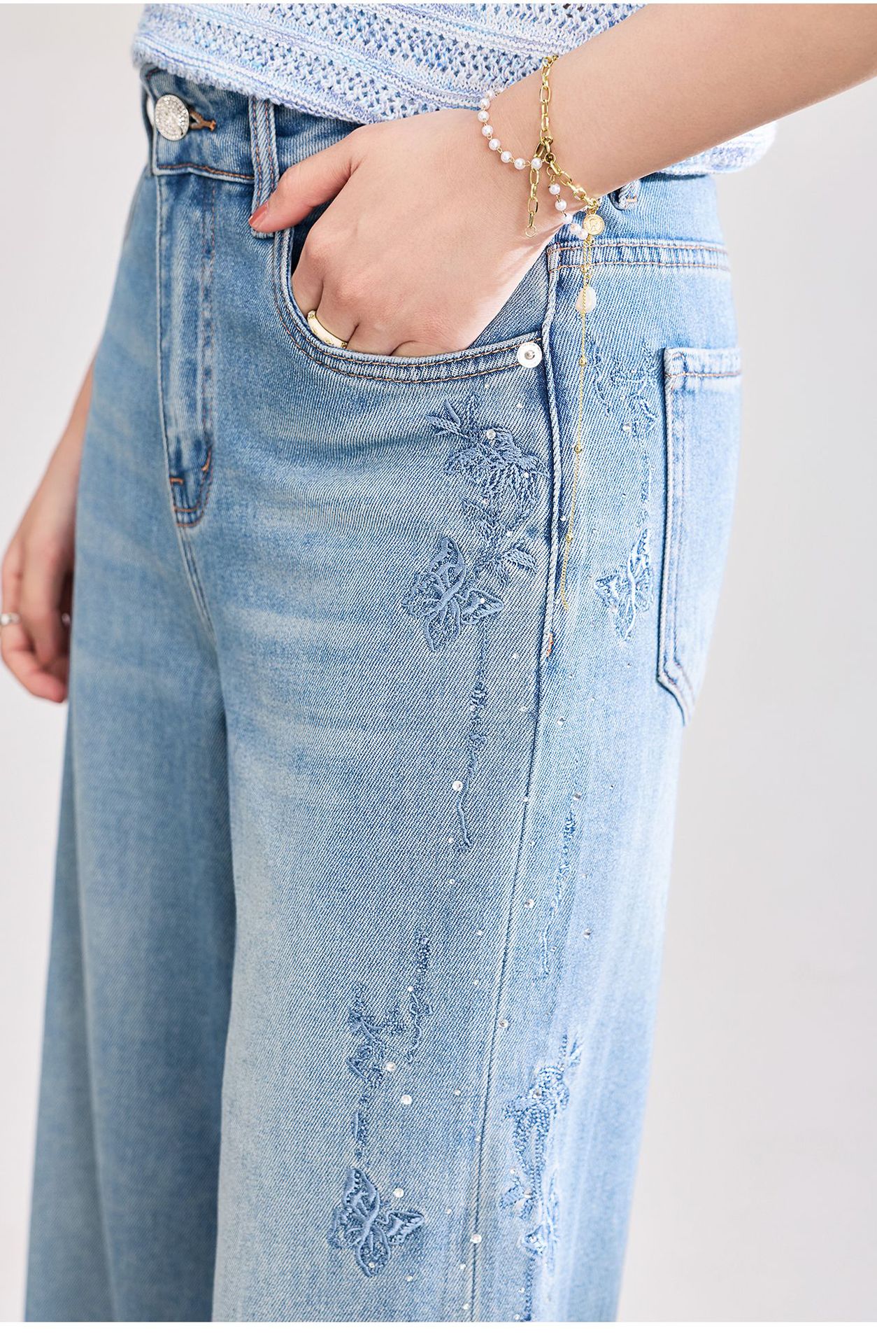 Quần jean nữ ống rộng chất liệu cotton phối lụa, thêu bướm đính kim cương — xanh lam chi tiết 19