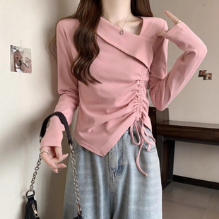 Plus Size 150kg Irregular Long-Sleeve Shirt for Women, New Spring and Autumn Drawstring Base Shirt, Slimming Inner Top