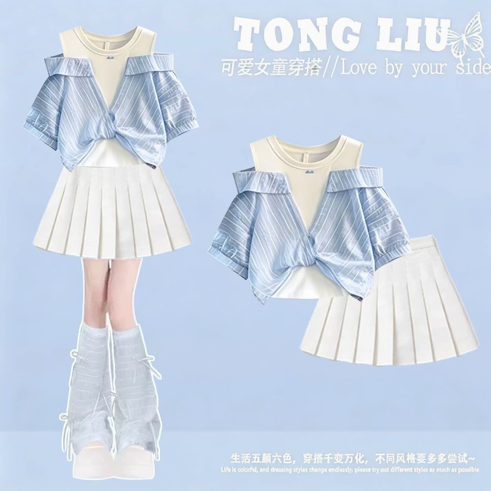Trendy 2026 Street Style Outfit: Niche Off-Shoulder Faux Two-Piece Short-Sleeve Shirt and Pleated Skirt - Two-Piece Sets Are All the rage This Year