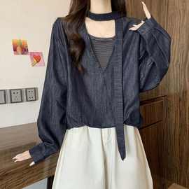 假两件领长袖牛仔衬衫女秋季大码 新品显瘦短款挂脖飘带上衣