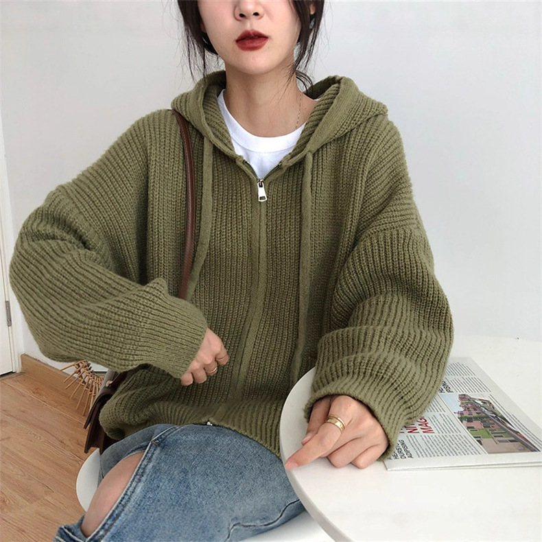 Otoño y invierno chaqueta con cremallera de tendencia casual de mujer grande suéter con capuchón holgado coreano chaqueta retro perezosa doble bolsillo