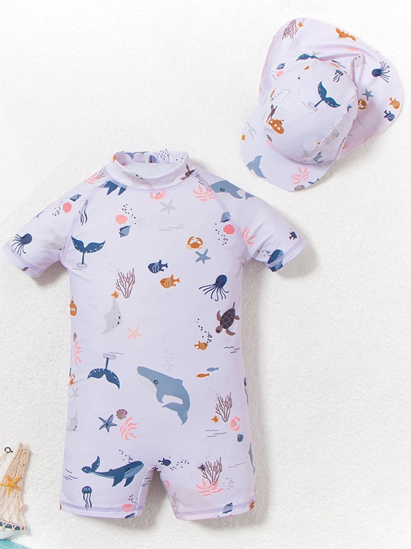 Fashionable Boys' One-Piece Cartoon Print Hooded Swimsuit with One-Piece Zipper for Easy Wearing, Foreign Trade Goods Can Be Cross-Border