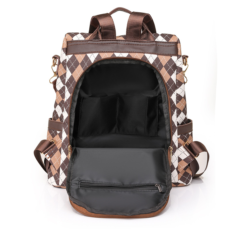 2023 nueva mochila antirrobo de cuero suave para mujer de color en contraste, mochila de viaje ligera al aire libre de gran capacidad a cuadros de moda