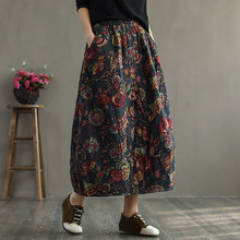 古咖服饰民族风加厚夹棉印花半身裙女式秋冬季复古文艺松紧腰裙子
