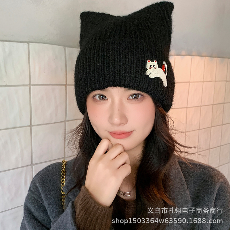 黑色针织帽女日系甜美小猫刺绣毛线帽秋冬保暖显脸小猫耳朵套头帽|undefined