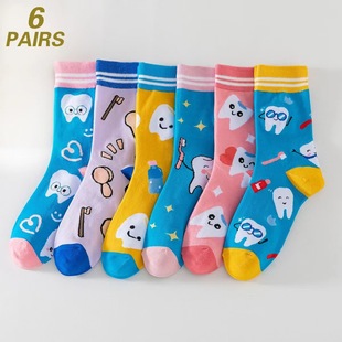 6 Color Cartoon Trendy Socks Tooth Pattern Trendy Socks Youth Fashion Socks Cute Cartoon Teeth Socks Contrast Color Mid-tube Socks