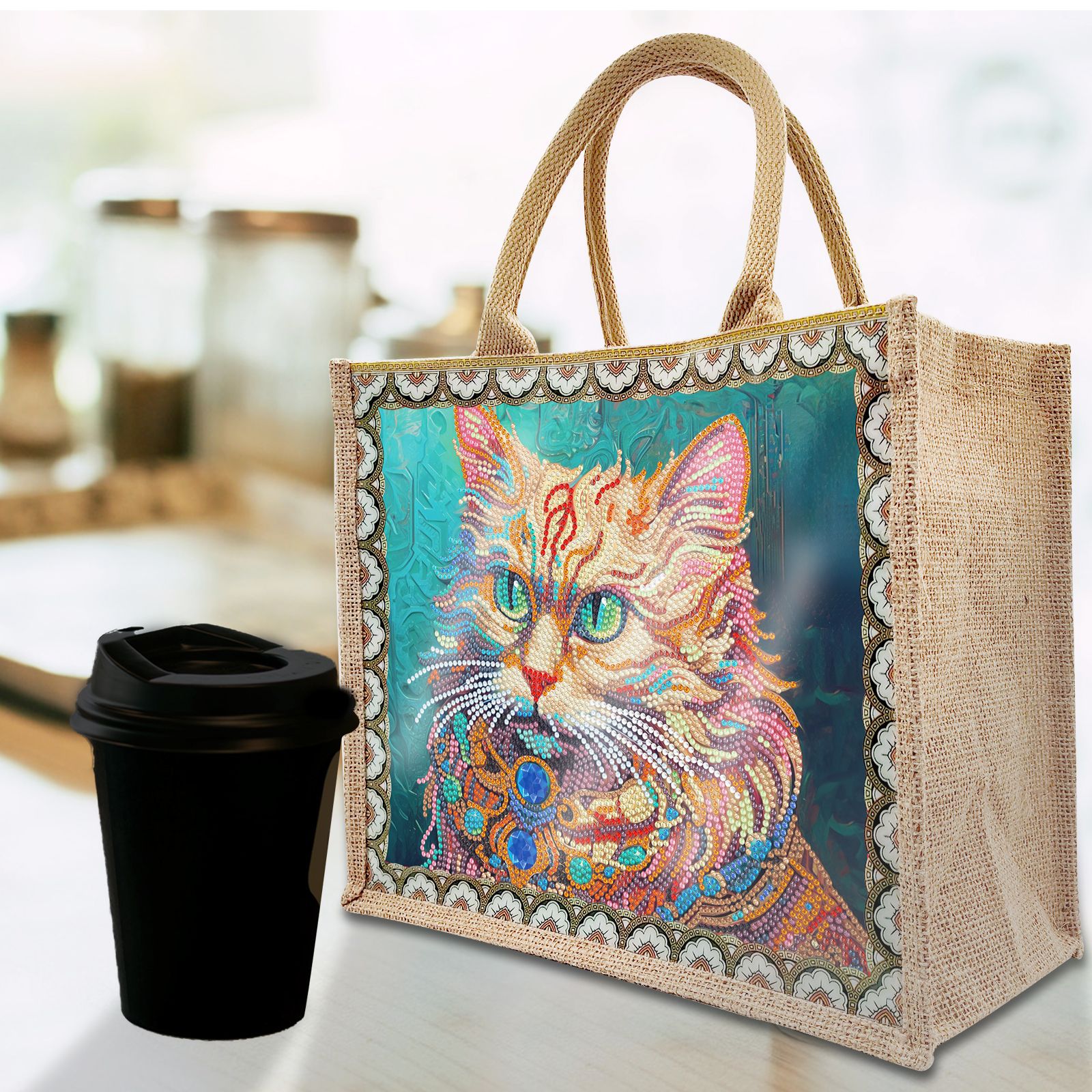 Accesorios para pintura con diamantes, bolsa de lona DIY para pintura con diamantes, bolsa de mano con diseño de animales y paisajes, con placa base reemplazable, un paquete con dos diseños.