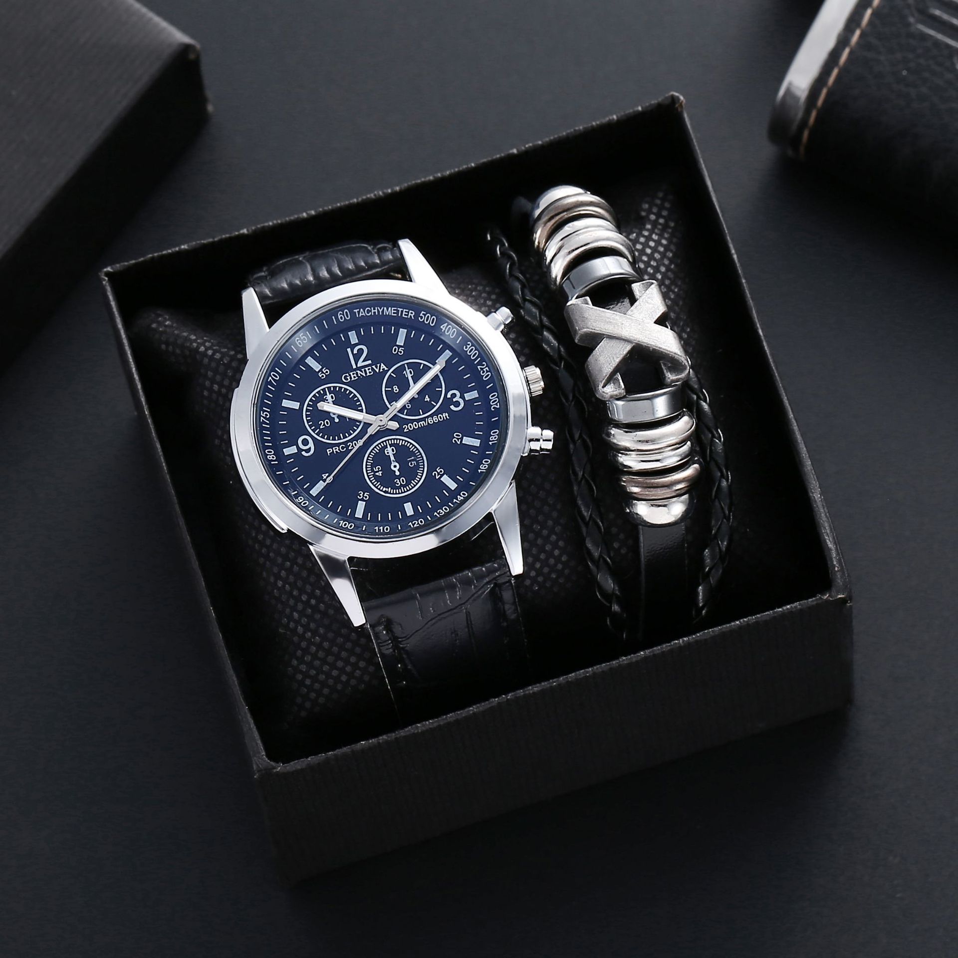 Spot Popular Alloy Shell Non-Plastic Shell Men's Blue Light Three-Eye Gift Box Versatile Bracelet Two-Piece Set Quartz Watch