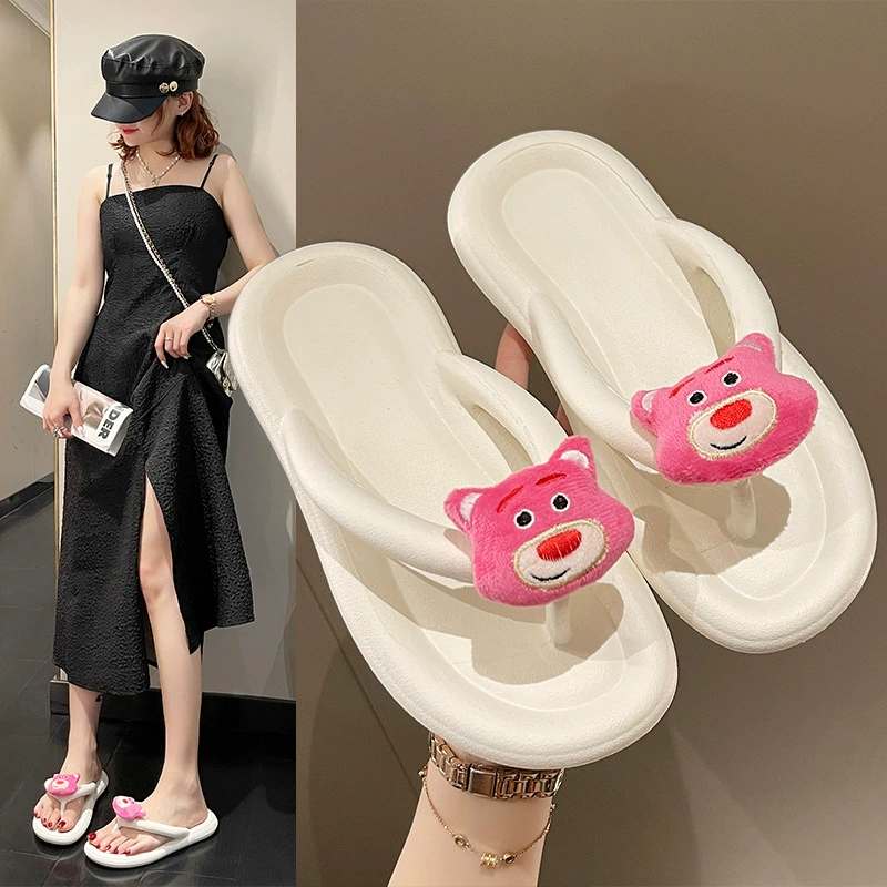 Модные милые шлепанцы с мультяшным медведем для улицы, новинка лета 2025, красочные женские туфли на плоской подошве, удобные