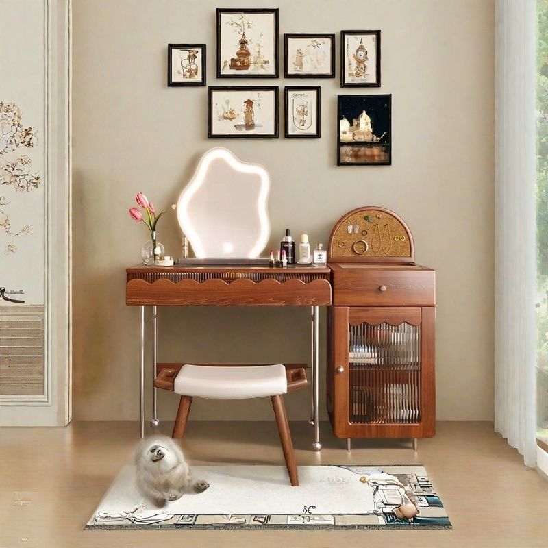 Solid Wood Dressing Table French Retro Small Apartment Mobile Storage Master Bedroom Antique Dressing Table with Drawer Integrated Cabinet