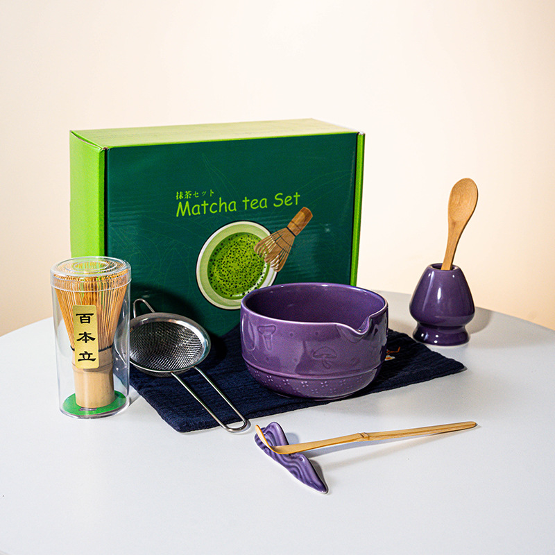 FJT 버섯 입이 있는 직선 그릇 보라색 8종 세트(짙은 녹색 색상 상자 + 파란색 티 타월)