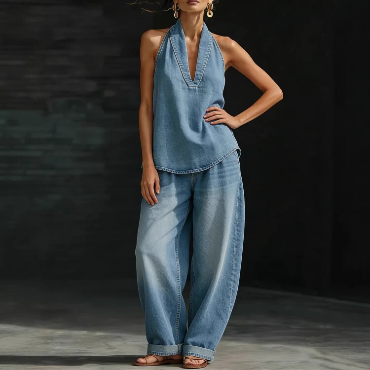 European and American Cross-Border Summer New Vintage Washed Denim Set Popular Straight-Leg Casual Pants for Women European and American Cross-Border Summer New Vintage Washed Denim Set Popular Straight-Leg Casual Pants for Women