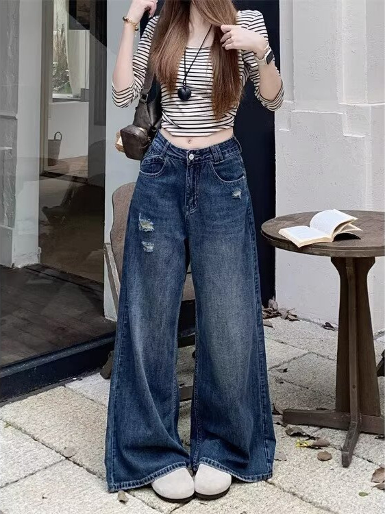 美式复古破洞牛仔裤女2025秋季新款高腰宽松显瘦直筒拖地长裤子|undefined