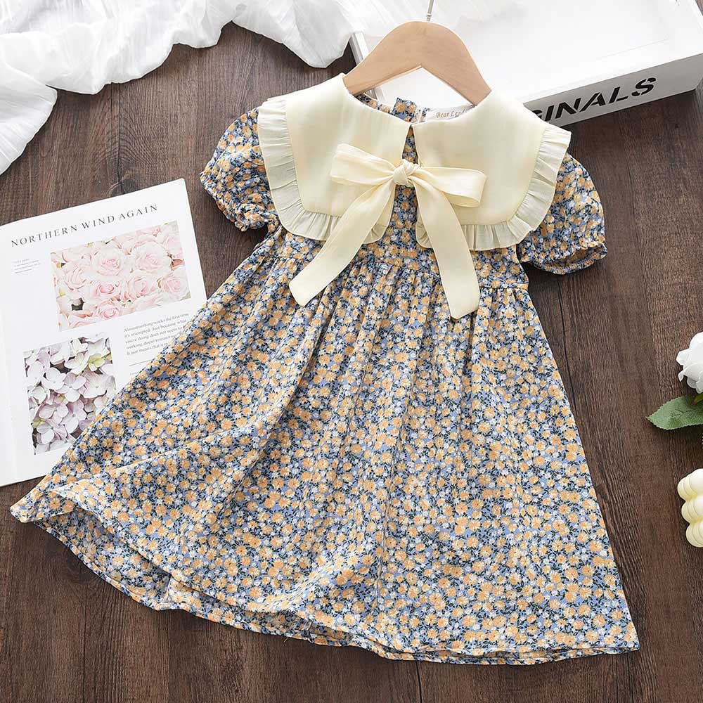128g Weight Above Knee Dress Length Type Short Sleeve Sleeve Length Regular Dress Dresses Type Puff Sleeve Sleeve Type Cotton Blend Fabric Type Mid Waist Waist Line Toddler(3-6Years) Age Group Daily Occasion Round Neck Neckline Regular Fit Fit Type Flower Pattern Summer Season Girl'S Gender Printing Design Cute Style Cute Flower Printing Cotton Blend Girls Dresses