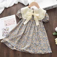 A large collar bow floral dress for summer, Korean style, for girls and dolls, with a bubble sleeve, waist-cinching princess dress.