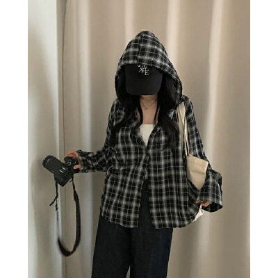 外贸跨境女士韩版百搭格子连帽衬衫外套女防晒格纹长袖衬衣东大门|undefined
