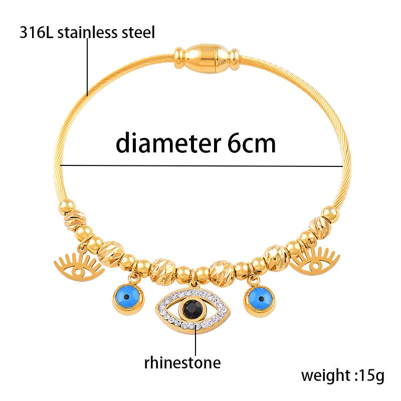 Fashion Devilu0027S Eye Titanium Steel Beaded Hollow Out Inlay Turquoise Zircon Bangle 1 Piece