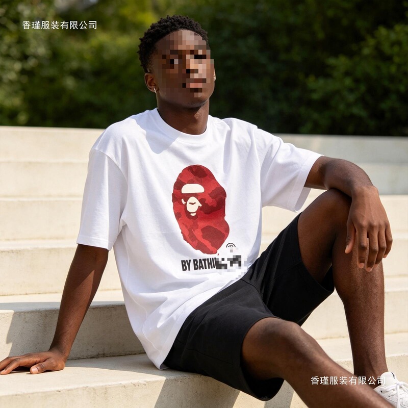 Bathing Ape monkey head print loose-fitting unisex casual street short-sleeve T-shirt with tags, stylish Bathing Ape monkey head print loose-fitting unisex casual street short-sleeve T-shirt with tags, stylish