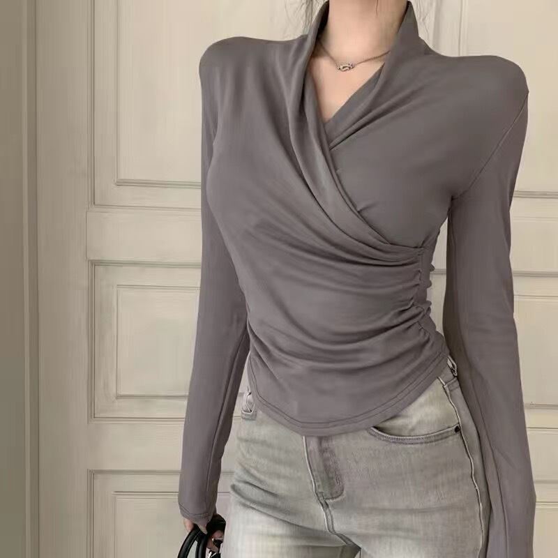 Cross V-neck long-sleeved T-shirt autumn and winter elegant slim-fit slimming top fur inner match niche pink bottoming shirt top Cross V-neck long-sleeved T-shirt autumn and winter elegant slim-fit slimming top fur inner match niche pink bottoming shirt top