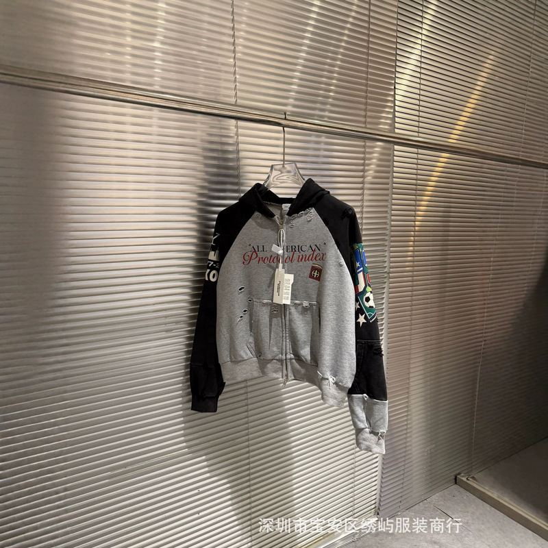 2026 Spring and Autumn New Pro@tocol Color Block Patchwork Distressed Print Zipper Hoodie Sweatshirt Jacket