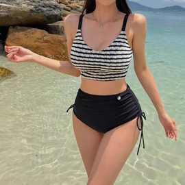 2025新款欧美泳装女分体条纹纯色肩带交叉多绳比基尼游泳衣bikini