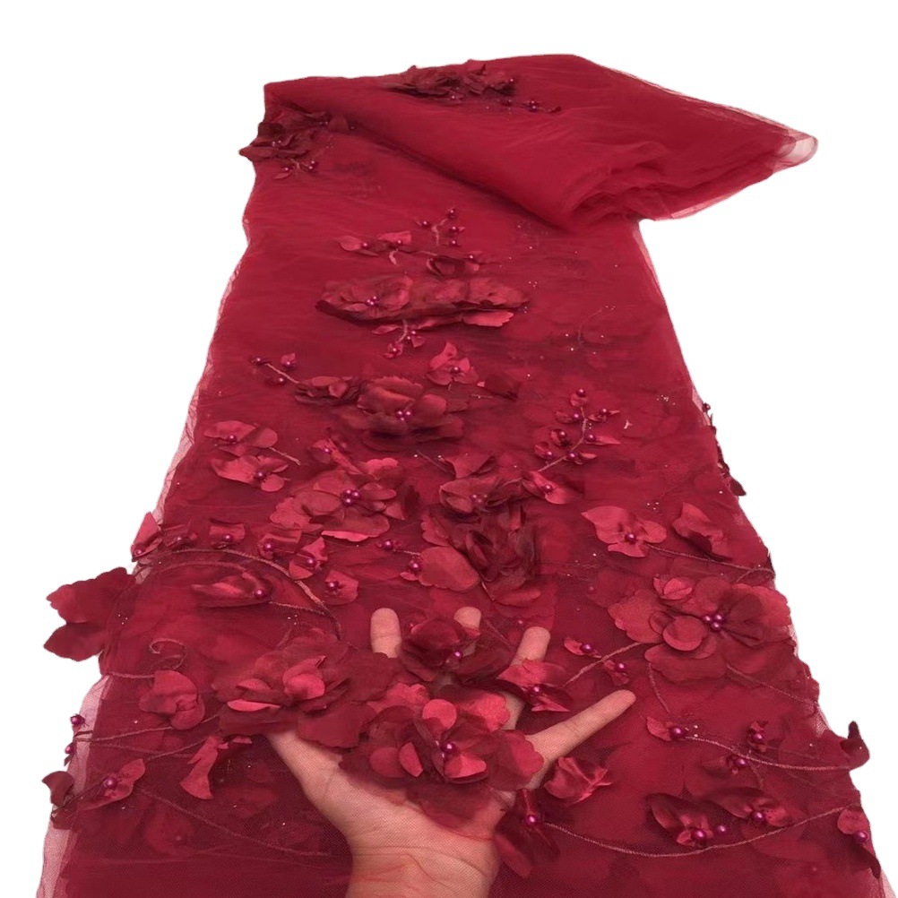 3D bordado tela de malla hecha a mano con cuentas tridimensional bordado tela primavera y verano ropa vestido de tela en stock venta al por mayor