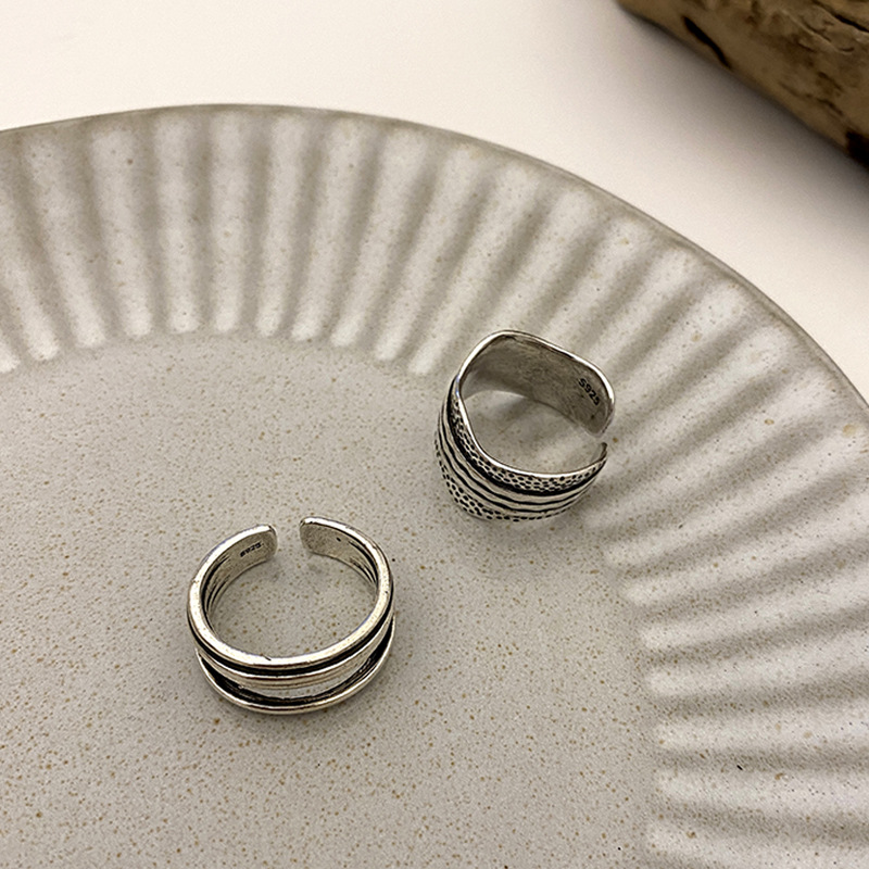 Korean multi-layer striped ring female retro silver plated copper opening adjustable ring