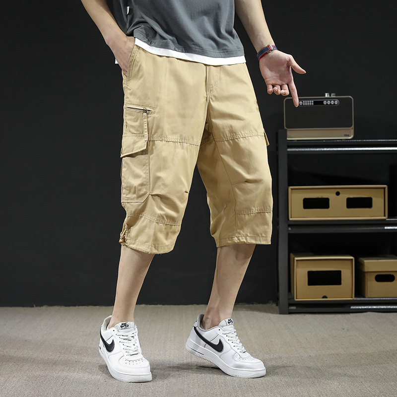 Exported to Europe and the United States solid color overalls men's autumn new multi-pocket loose casual pants large size straight cropped pants